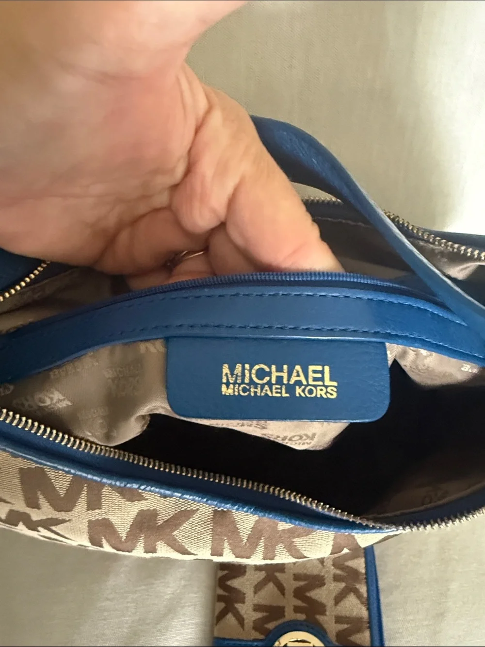 MK Signature Monogram Hobo Shoulder Bag + Zip Around Wallet Set Blue Leather